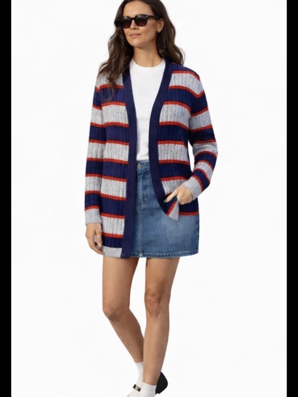 Lands' End Navy, Light Gray & Red Striped Open-Front Cardigan